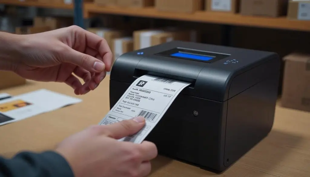 A small e-commerce company's shipping room where we see a label printer printing a label with an address. Someone's hand is reaching toward the sticker label