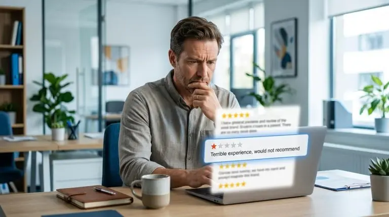 Business owner looking at a laptop with a Google review screen, one bad review highlighted