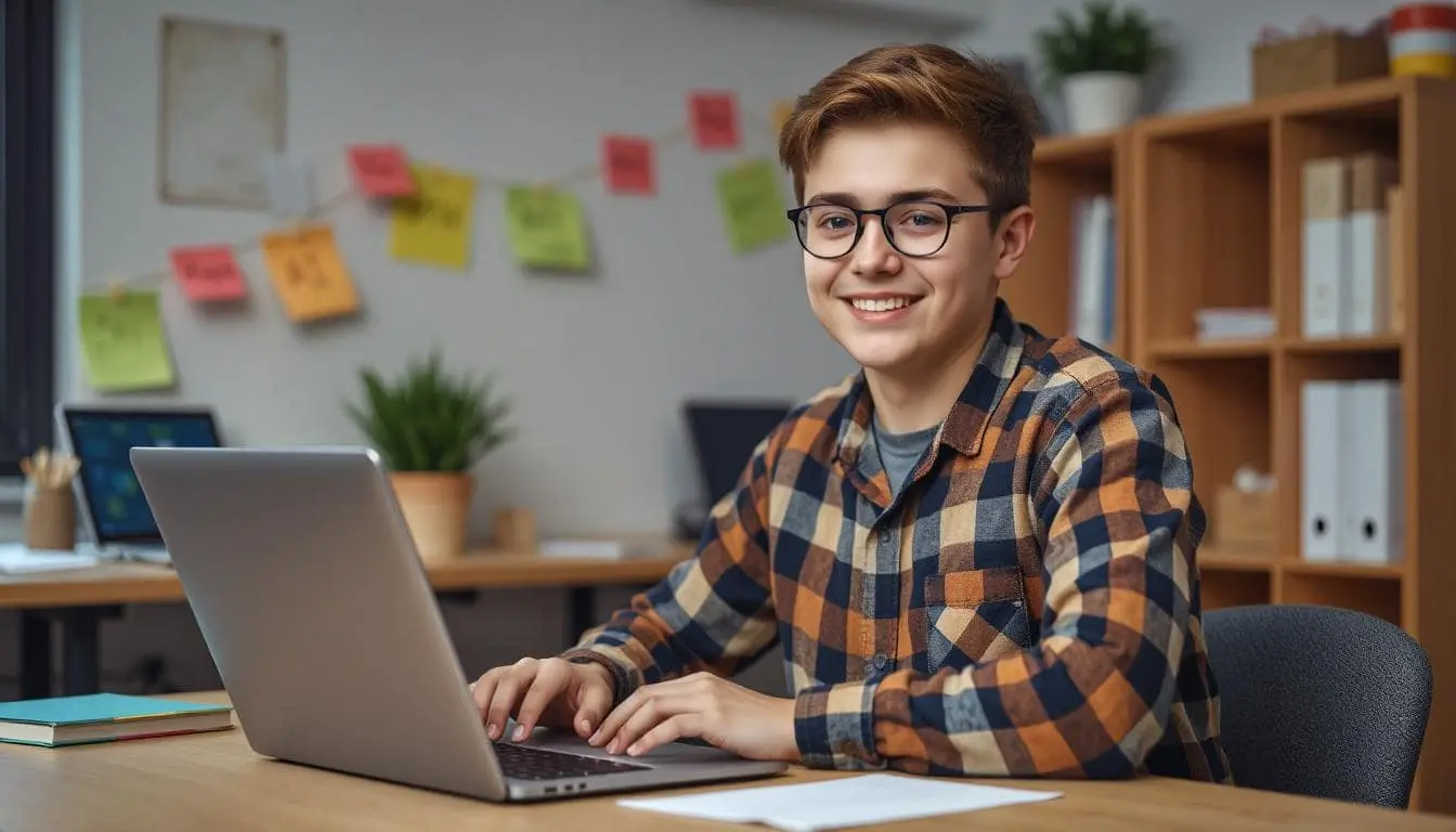 High school student at a desk with a laptop, friendly warm lighting, sticky notes that say ‘Python’ and ‘AI’, simple clean modern style, candid.