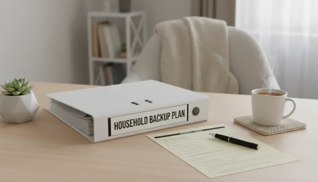 Desk scene with an organized home binder labeled ‘Household Backup Plan’ next to a printed checklist page, cozy but clean workspace, minimal accessories.
