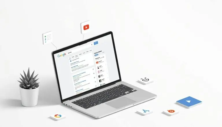 Keyword research for AI and search: entities, Q&A, schema, tables, and distribution across web, video, and forums illustrated around a laptop.