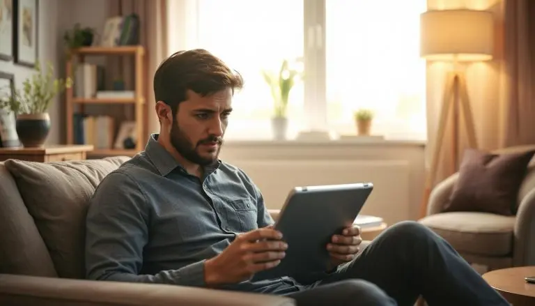 A man sitting in a cozy living room, holding a tablet displaying a website, their facial expression showing confusion and puzzlement.