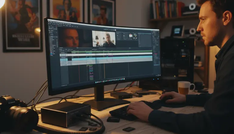A man editing a video on his computer with various devices near him.