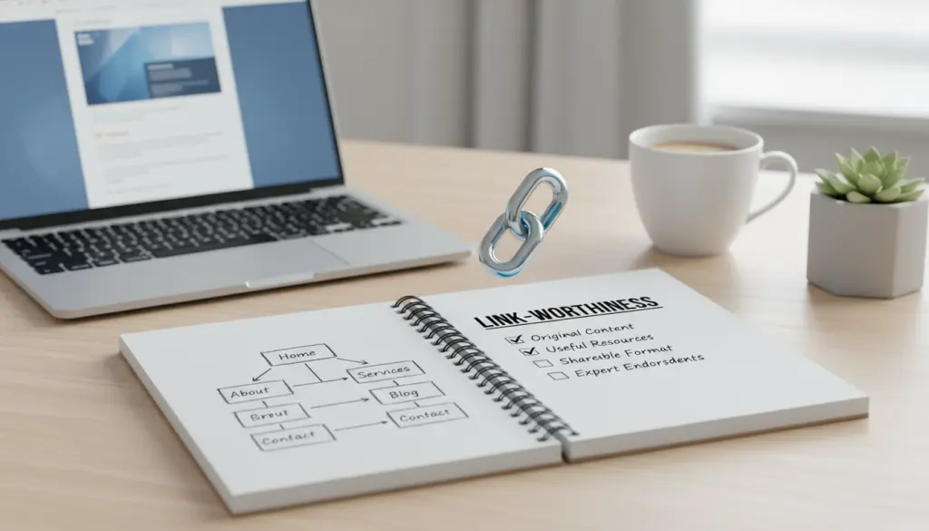Notebook with a link icon, site structure sketch, and a checklist illustrating how to create link-worthy content for earning backlinks.