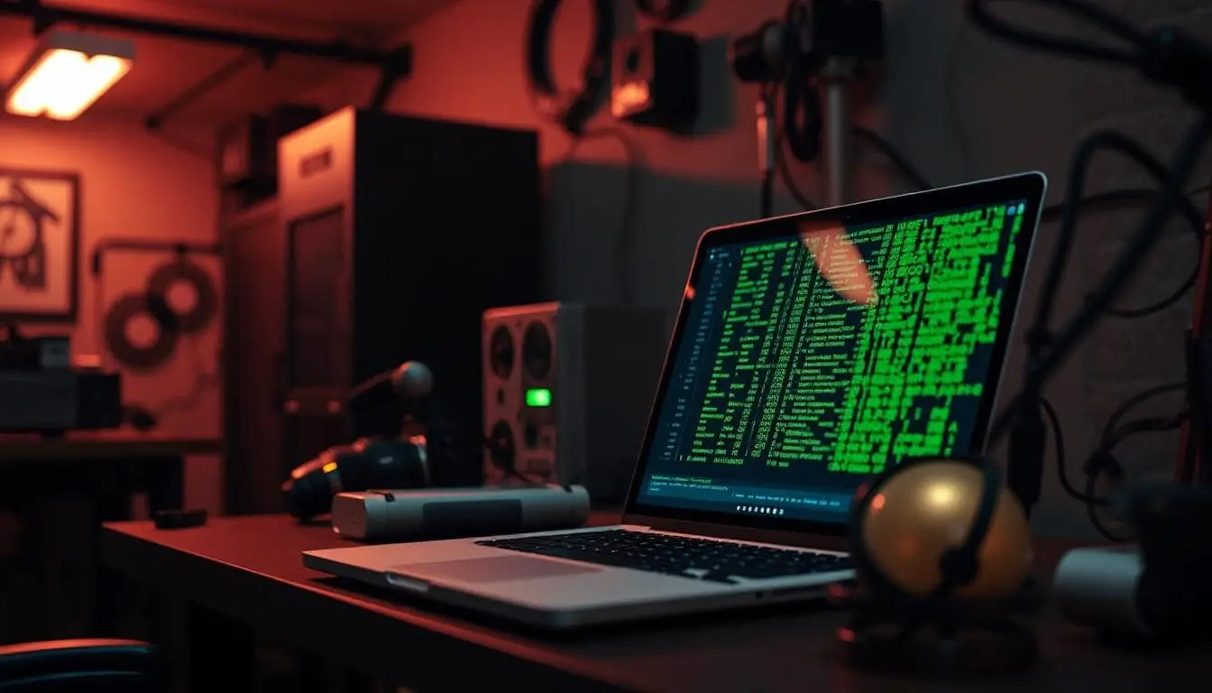 A laptop computer next to some servers, connected to the internet.