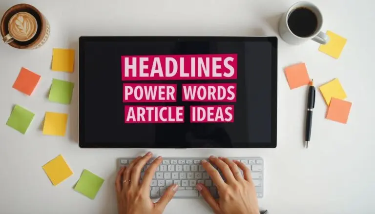 An digital screen showing multiple headlines being brainstormed, surrounded by sticky notes, coffee, and a pen. Clean, modern workspace style. Bright, well-lit, flat lay from overhead. Bold fonts on-screen or paper show “Headlines,” “Power Words,” and “Article Ideas.”