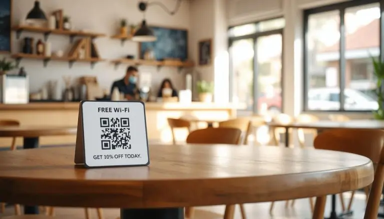 Bright, modern coffee shop interior. On a wooden table: a small sign with a QR code that reads ‘Free Wi-Fi — Get 10% Off Today.’