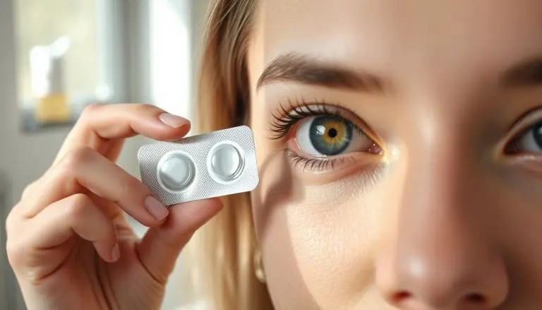Close-up, natural light portrait of a girl holding a small contact lens blister pack near their eye