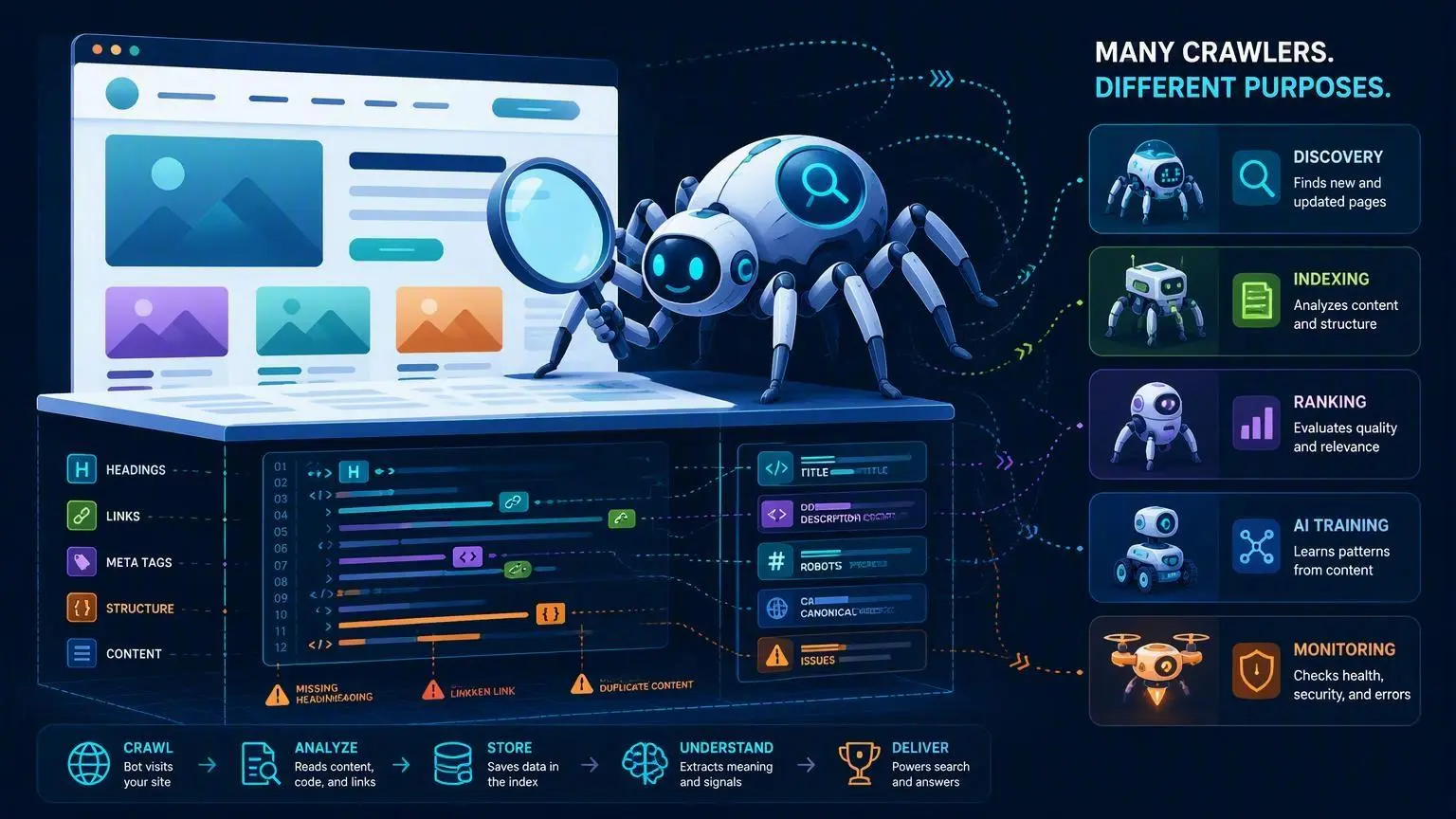 Illustration of a search-engine spider examining the raw HTML, headings, links, and metadata underneath a webpage. MANY CRAWLERS. DIFFERENT PURPOSES. DISCOVERY Finds new and updated pages INDEXING Analyzes content and structure RANKING Evaluates quality and relevance z0i0 03 04 TITLE C DDI DESCRPTIOR COGNAT AI TRAINING Learns patterns from content ROBOTS CANONICAL ARE 12 ISSUES MISSING HEADINLESOING LINKEN LINK DUPLICATE CONTENT MONITORING Checks health, security, and errors
