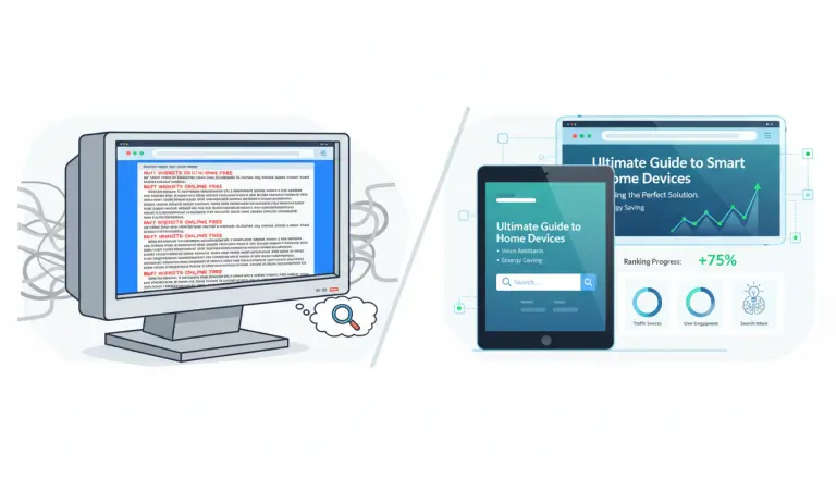 A modern digital illustration showing the evolution of SEO: on the left, an old-fashioned web page with repeated keywords and cluttered text; on the right, a clean modern content page with headings, search intent, analytics, and keyword strategy.