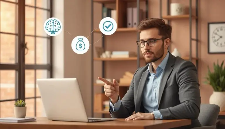 A digital marketer pointing at a laptop screen with three icons floating above it: a brain (logic), a money bag (value), and a check mark (action).