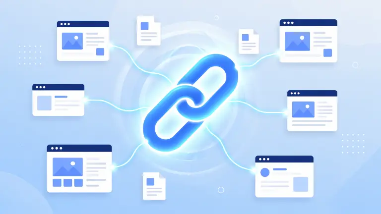 Flat-design illustration of a glowing chain link connecting several website icons, representing SEO backlinks.