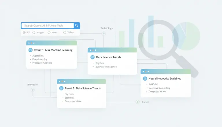 Diagram of web pages connected by lines and keywords, illustrating how Google ranks pages by topic and usefulness.