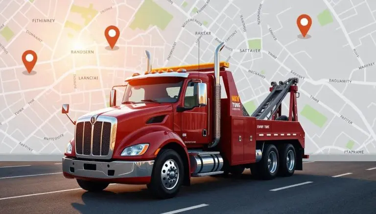 A tow truck in front of a large map with pins.