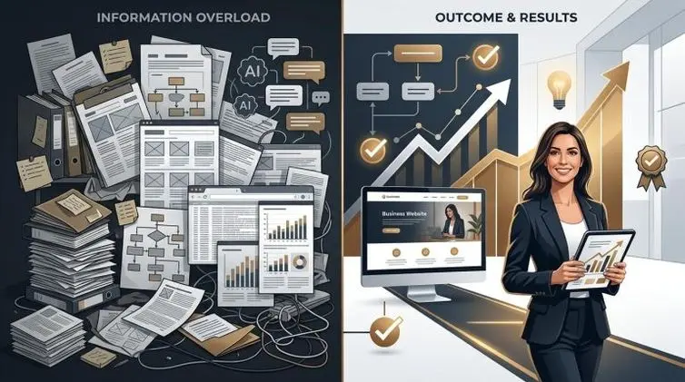Illustration showing the shift from information overload to results-focused business value, with scattered content on one side and clear progress, systems, and outcomes on the other.