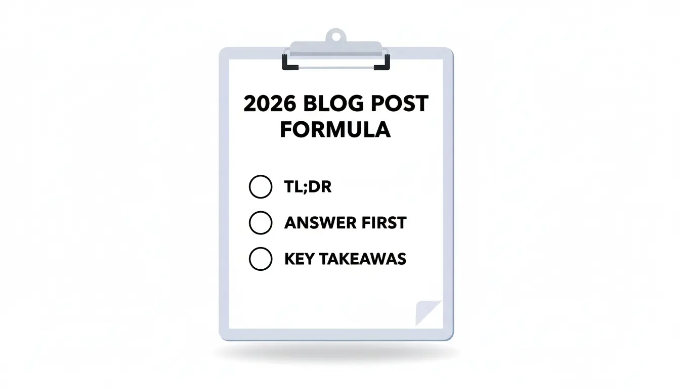 Three-step blog post formula for getting traffic in 2026: TL;DR, answer first, key takeaways.