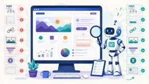 Illustration of a robot inspecting an AI-generated website for HTML, accessibility, SEO, form, content, and image problems.
