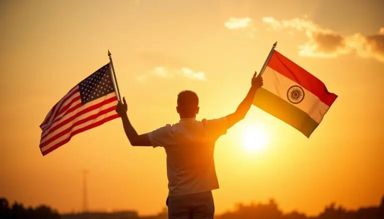 A person from India holding the flag of India and a flag of America