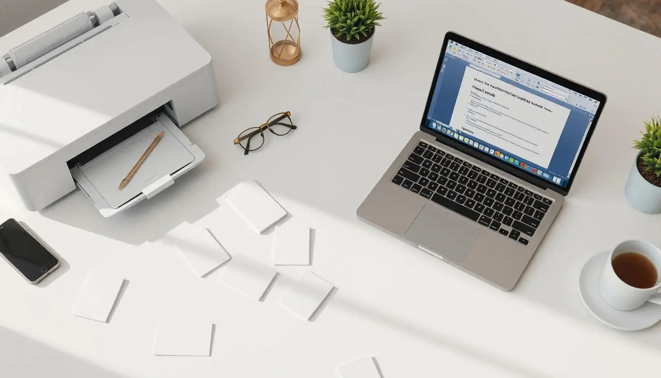 A clean desktop scene with a printer, scattered index cards (3x5 and 4x6 sizes), and a Word document open on a laptop showing a flashcard template.