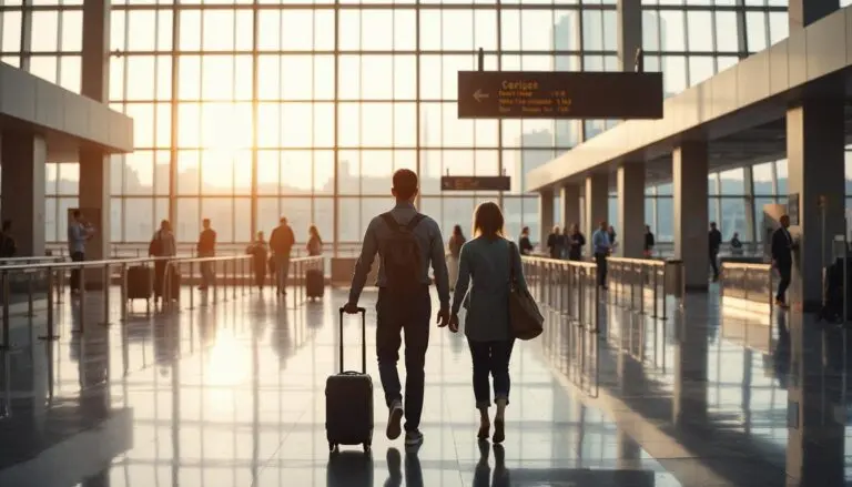 Two people heading toward their gate in an airport