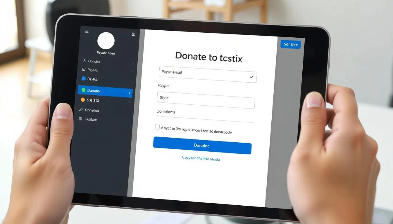 A clean, modern website builder interface showing a donation form being customized. It features fields for PayPal email, donation amounts, a preview area with styled buttons, and a copy embed code section. Light background, friendly UI, and a “Donate to tcstix” heading above colorful buttons like $5, $10, and Custom on a tablet device