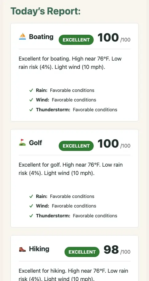 GoBeOutside screen shot showing activities and conditions.
