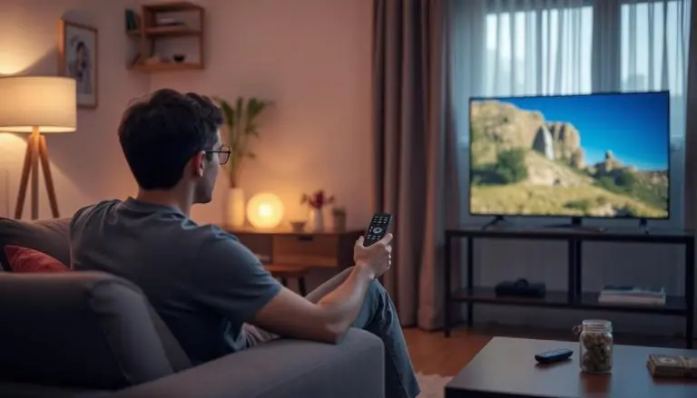 A man watching TV with a remote on the table, representing streaming and recurring affiliate earnings.