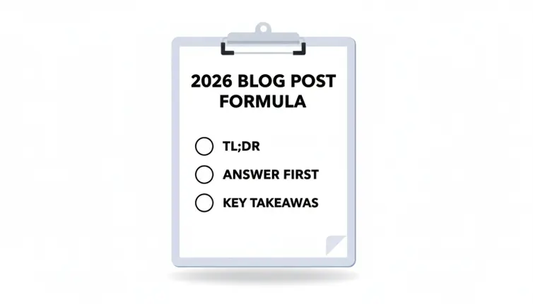 Three-step blog post formula for getting traffic in 2026: TL;DR, answer first, key takeaways.
