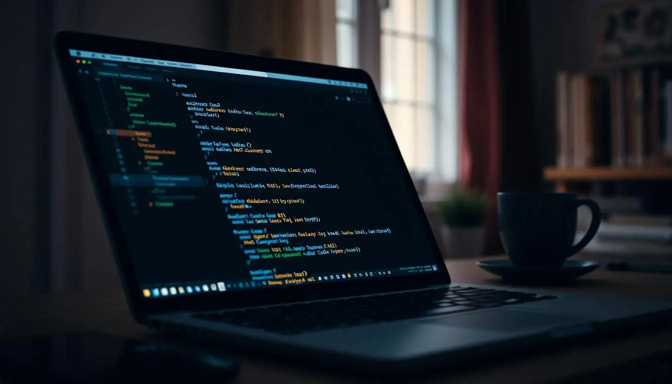 A laptop on a desk with HTML code on the screen. Coffee cup near by.