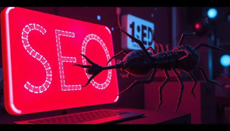 A retro-style digital parasite icon attaching itself to a large, glowing website structure—symbolizing old-school SEO tactics in a modern digital world.