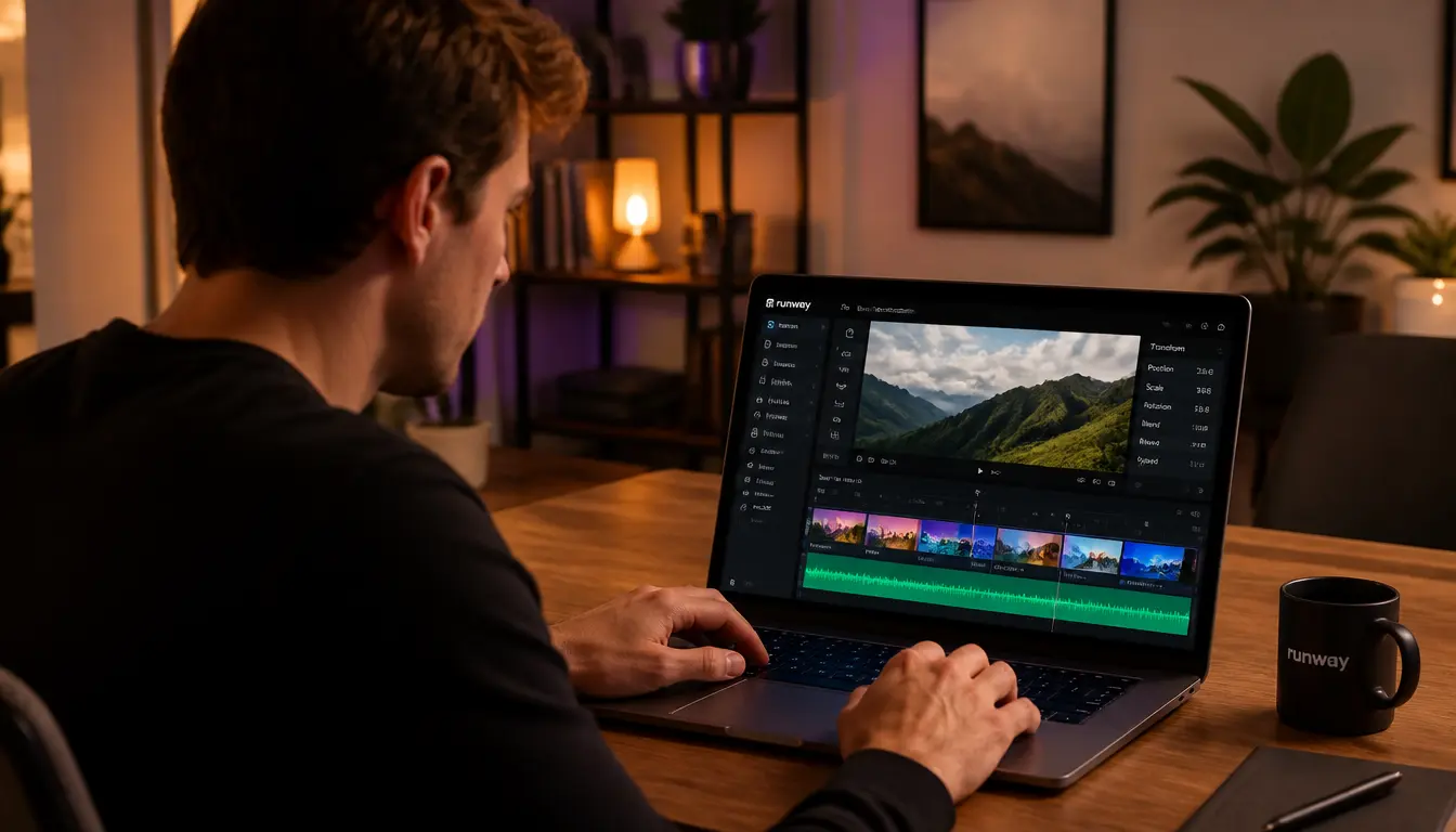 A man using Runway AI on his computer at home.