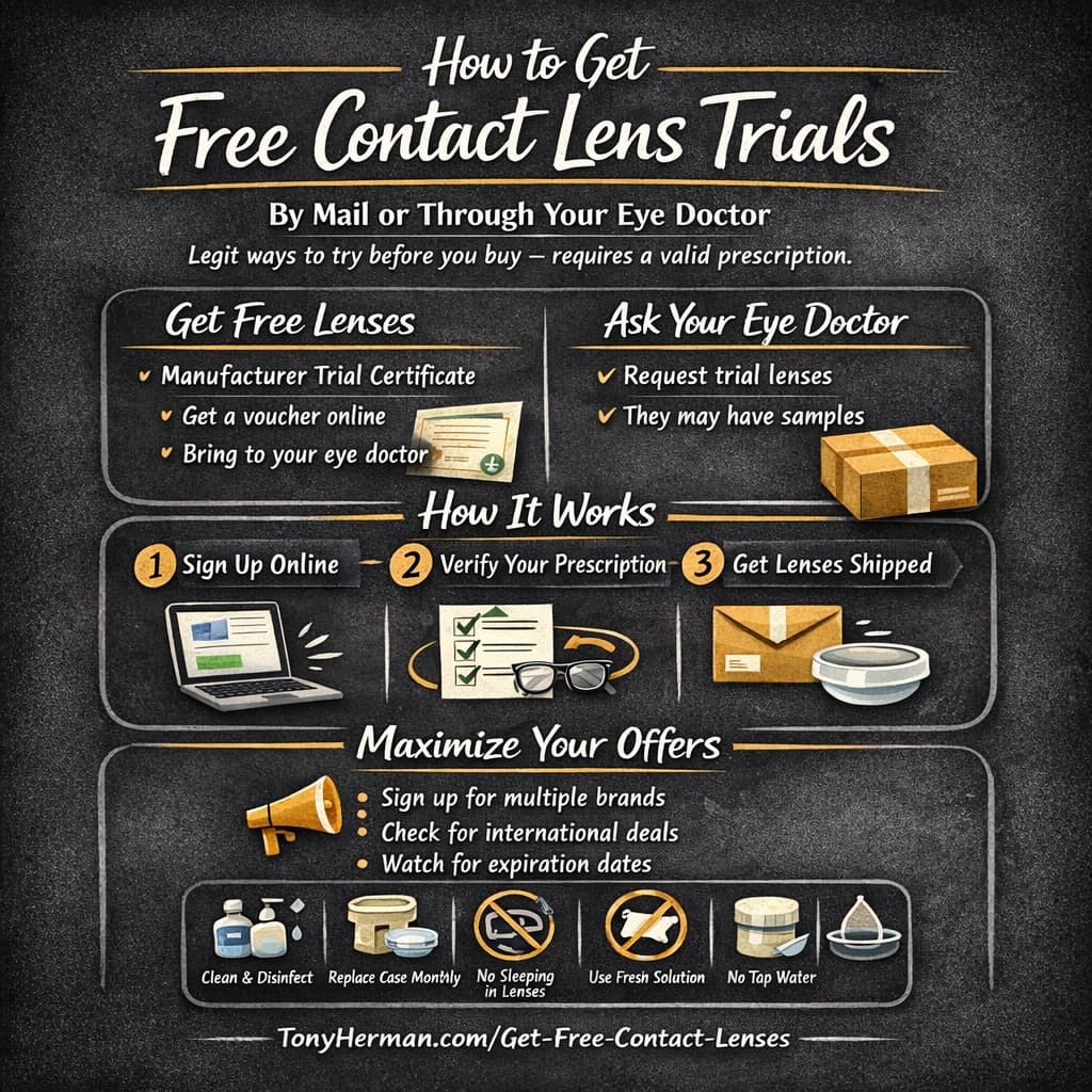 Infographic showing how to get contact lenses for free. Get free contact lens trials—sign up online, verify your prescription, and get lenses shipped; also suggests asking your eye doctor for samples.