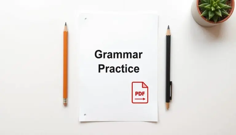 A minimal, abstract concept image representing learning and grammar practice. Includes a pencil, a blank worksheet labeled “Grammar Practice”