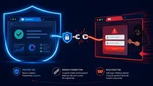 Illustration of a malicious browser tab trying to redirect the original tab in a reverse tabnabbing attack.