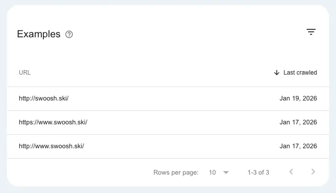 Google showing these pages indexed: http://swoosh.ski/
https://www.swoosh.ski/
http://www.swoosh.ski/