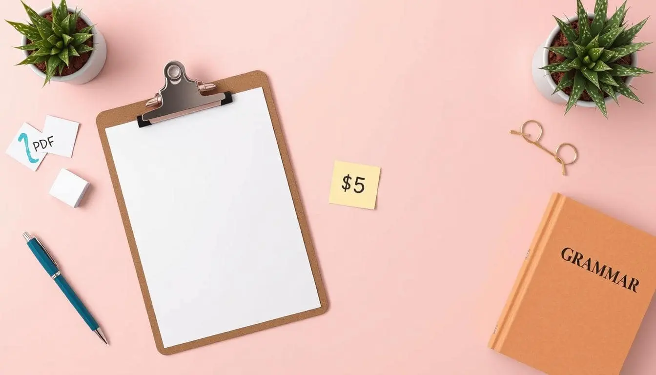 A minimal concept image. A student's desk with a grammar books, a clipboard or blank order form, a pen, flashcards, and a “$5” sticky note or price tag.