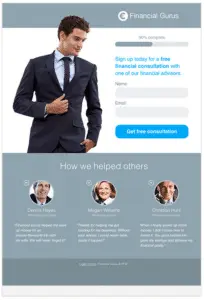 A landing page featuring a guy with a suit.