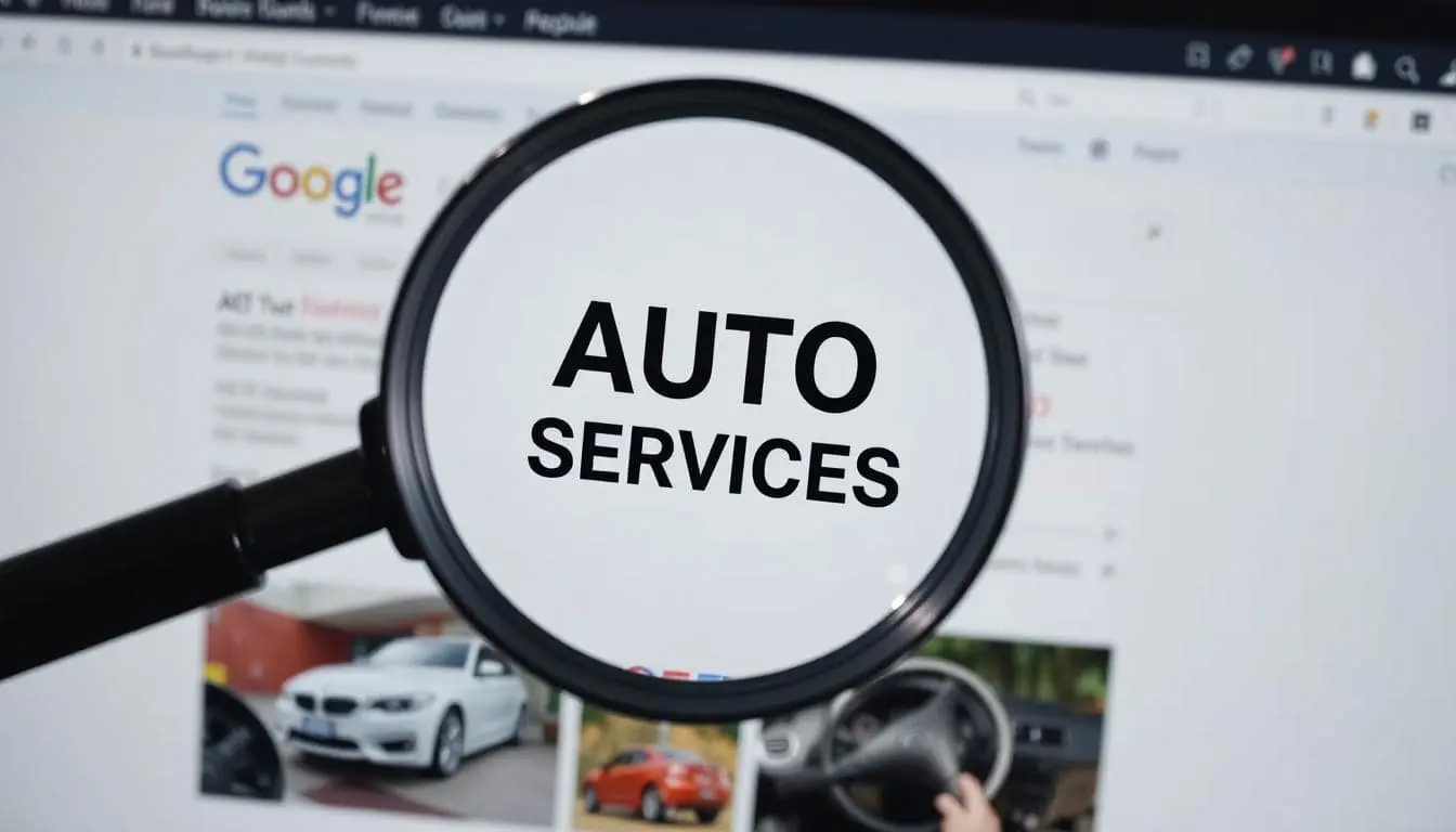 A magnifying glass hovering over a website with keywords like “auto”, “auto services”, and “car repair” highlighted, representing SEO visibility in search results.