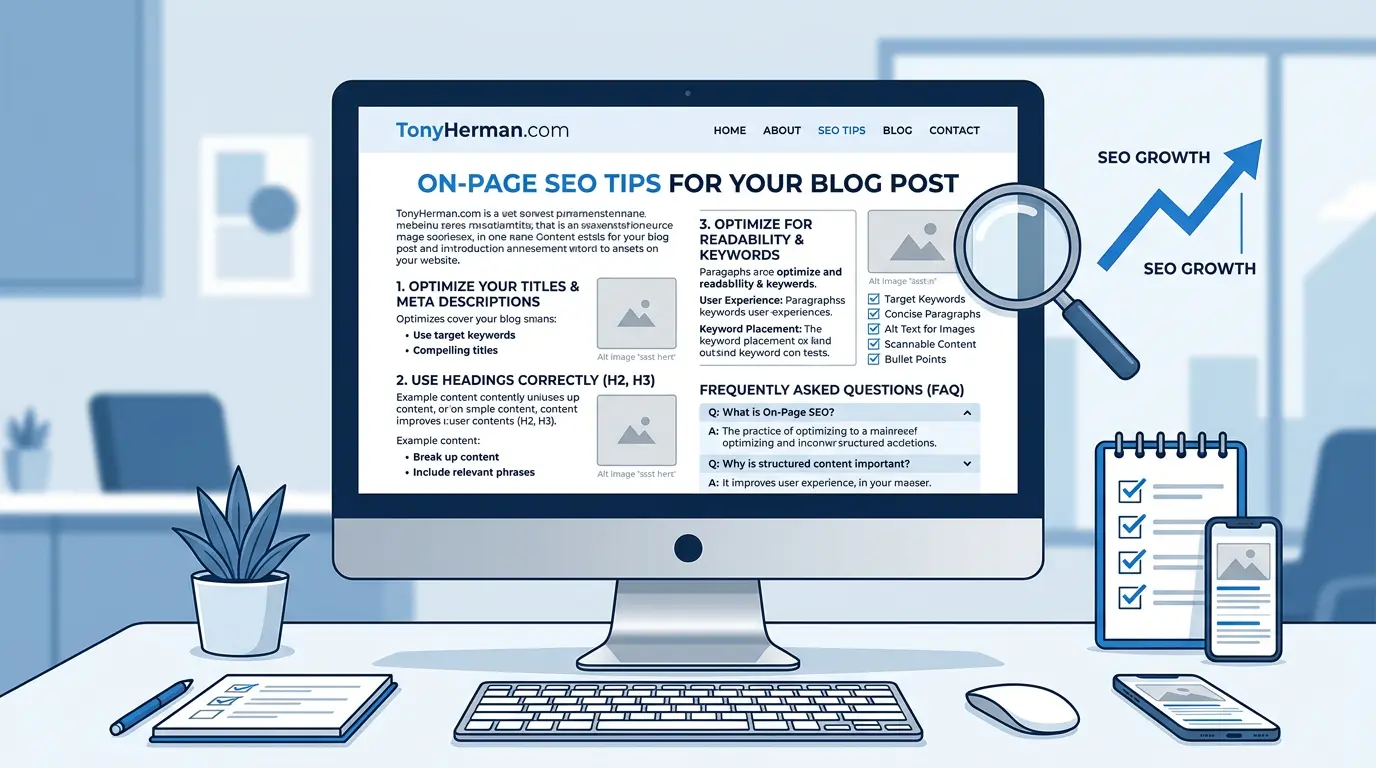 Illustration of a blog post layout with headings, bullet points, images, and SEO elements representing on-page SEO tips for improving search visibility.