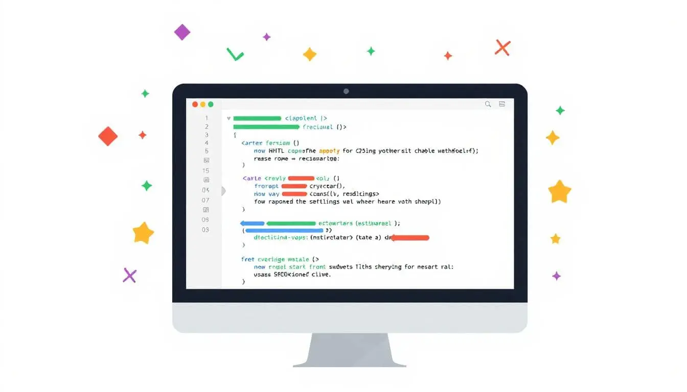 Illustration of coding on a screen with stars surrounding it.