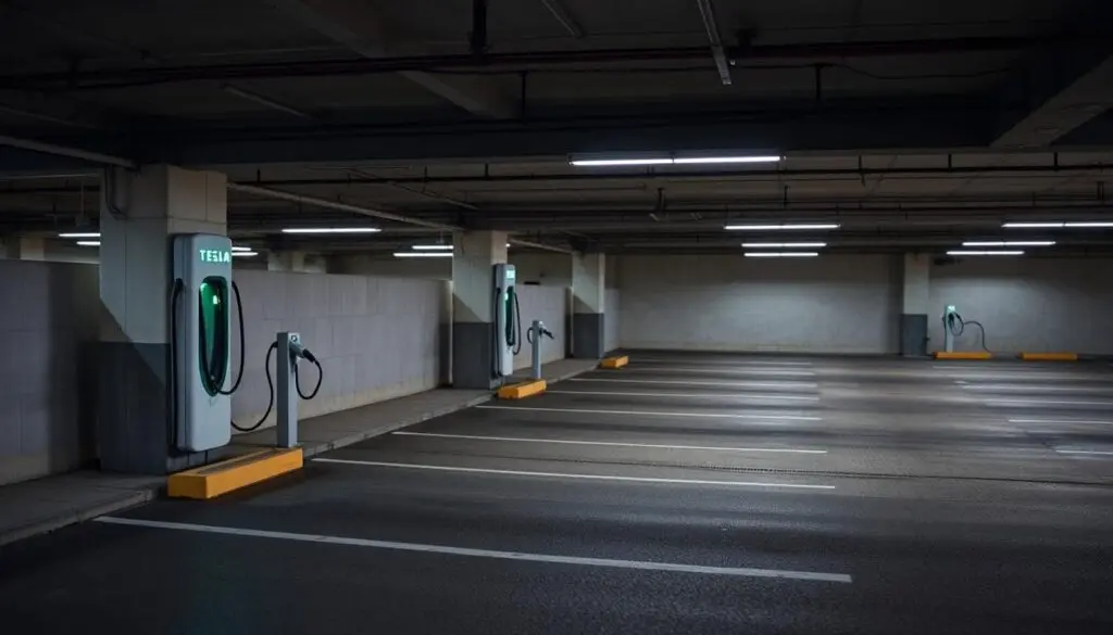 An electric vehicle charging stall in an underground parking lot of an apartment building.