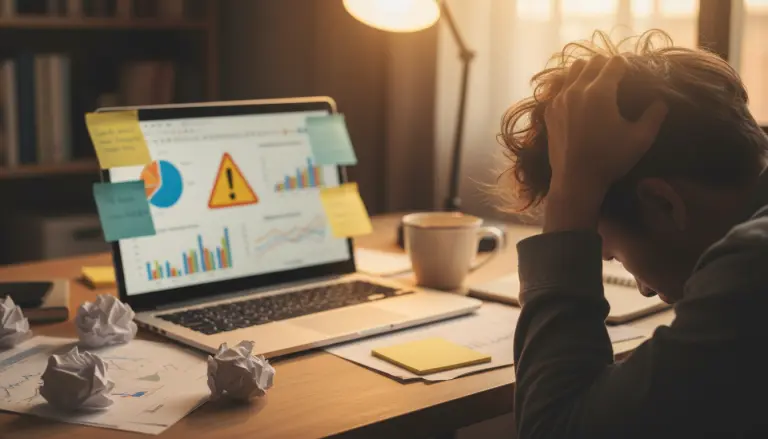 Close-up photorealistic shot of a person’s hands gripping their hair in frustration at a home desk, laptop open with blurry analytics charts and a warning icons.