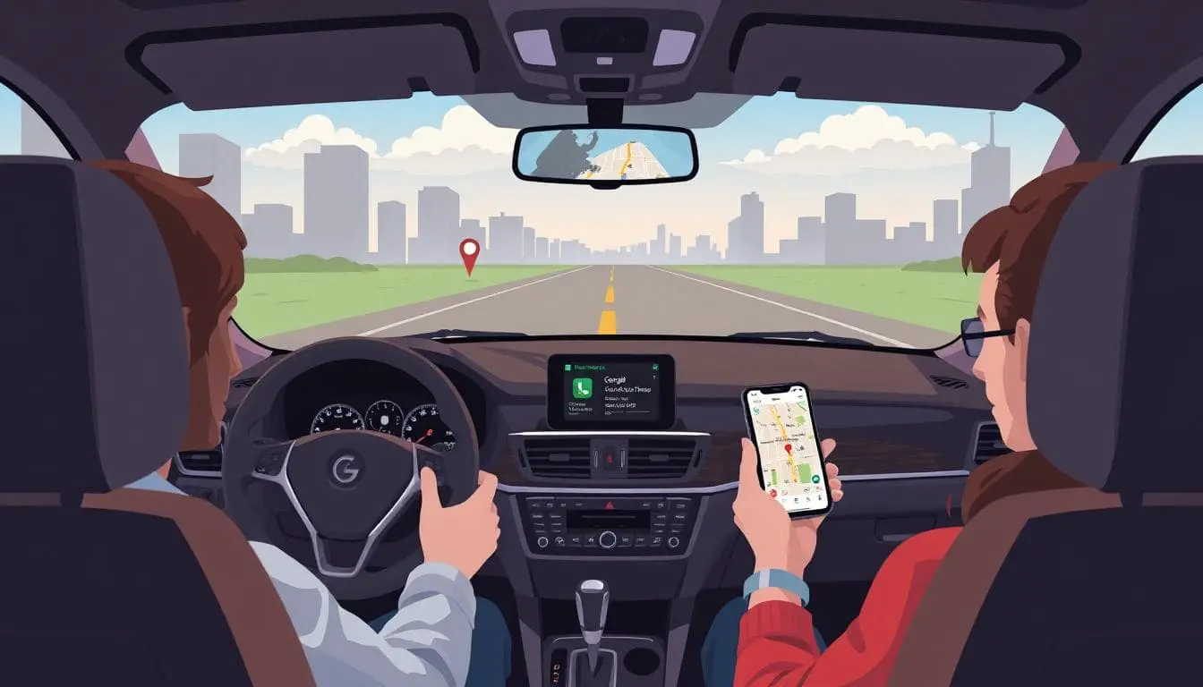 People using Google Maps on their phones in a car.
