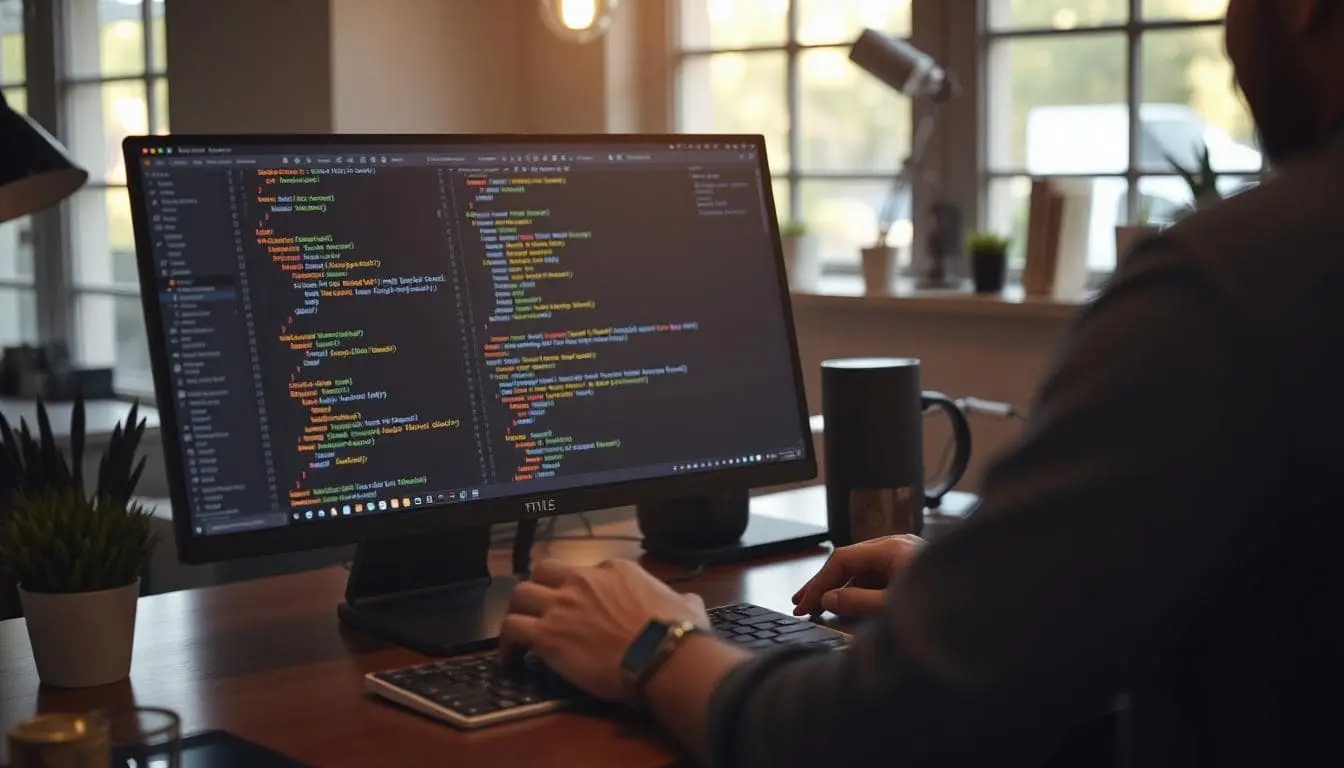 A person sitting at a desk using a computer, working on HTML code in a text editor, with an email link visible in the code. The screen shows lines of HTML and a “mailto:” link. The setting is clean and modern, suggesting web development or coding work.