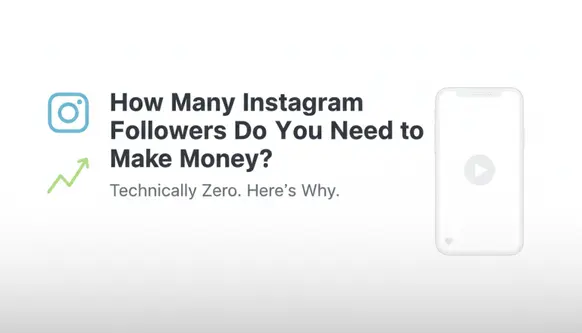 Graphic that reads “How Many Instagram Followers Do You Need to Make Money? Technically Zero. Here’s Why.” with a minimalist phone and growth arrow.