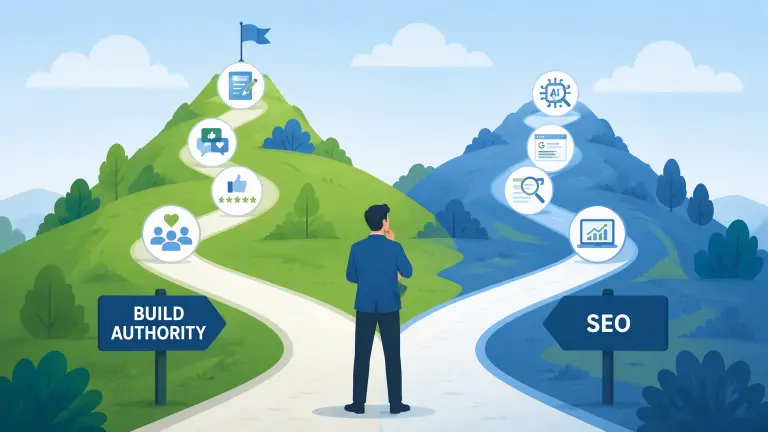 Illustration showing that building authority and content creates the foundation for successful SEO.