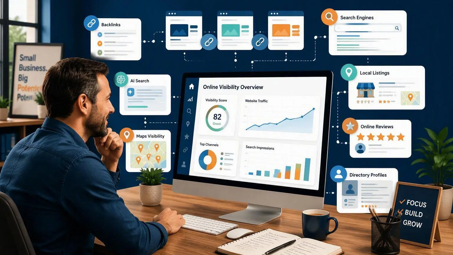 Small-business owner using backlink sites and business profiles to increase online exposure.