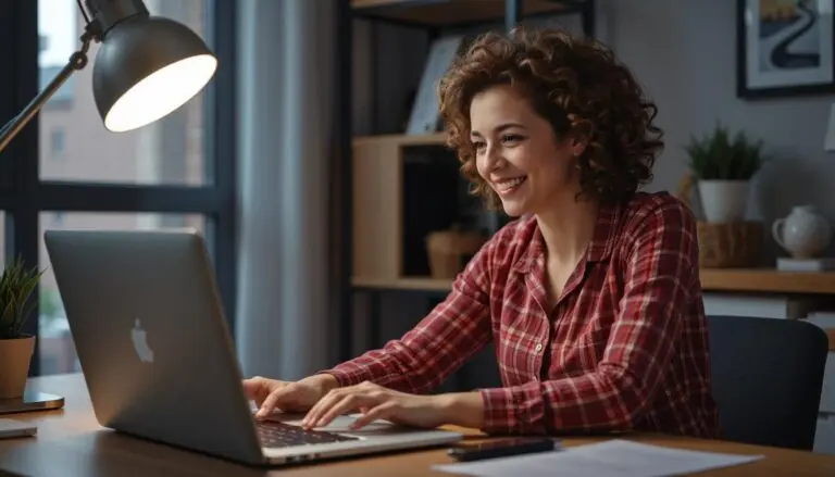 A woman at her computer, looking happy doing affiliate marketing