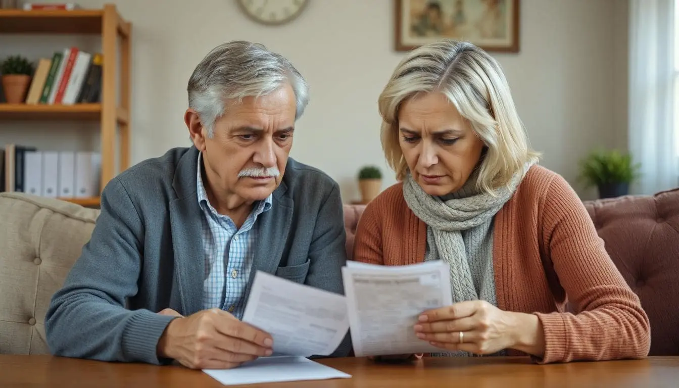 A concerned older couple working on their bills.
