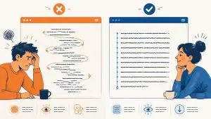 Illustration comparing the irregular starting points of centered paragraph text with the consistent edge of left-aligned text.